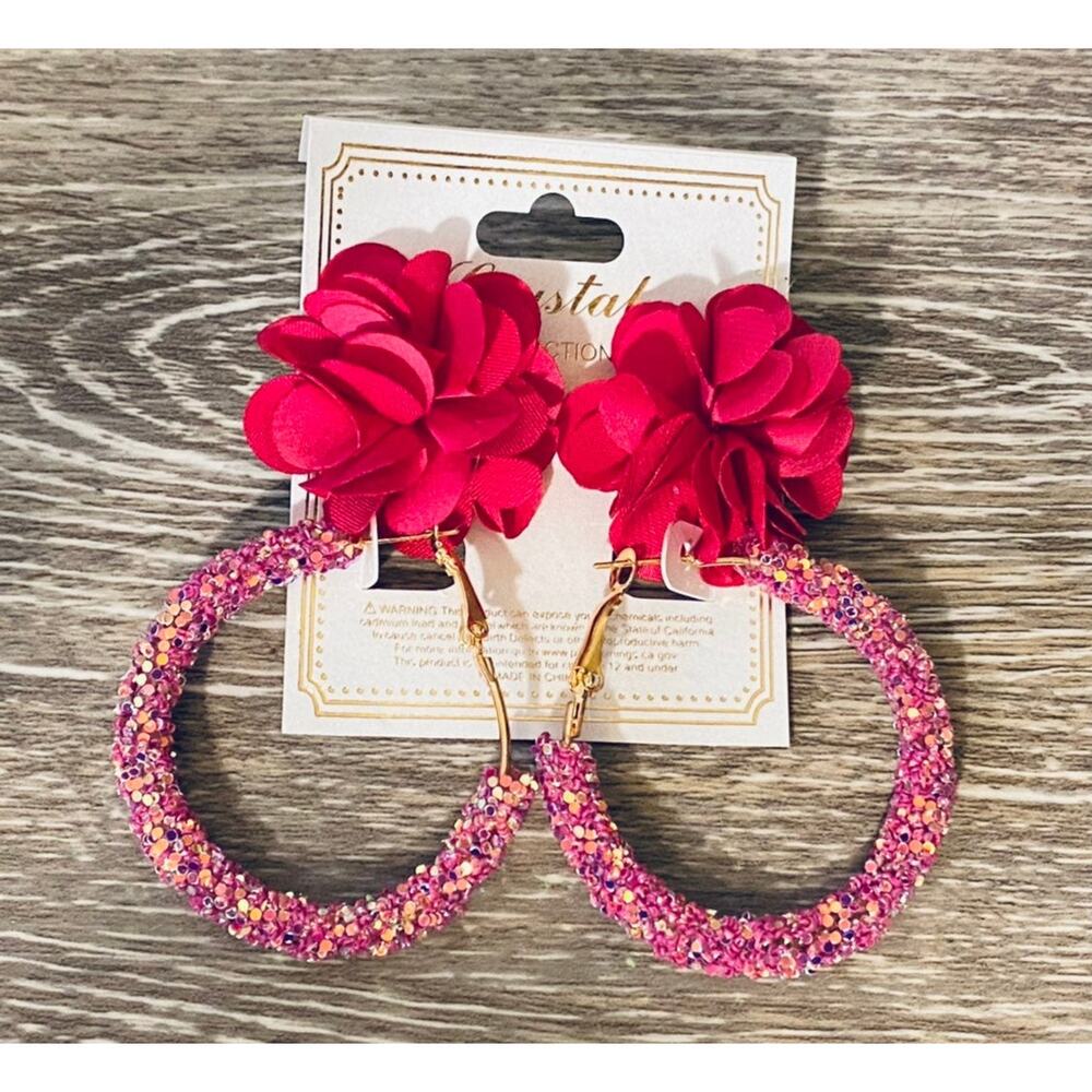 Magenta Glitter Hoops & Flower Stud Earrings Set of 2